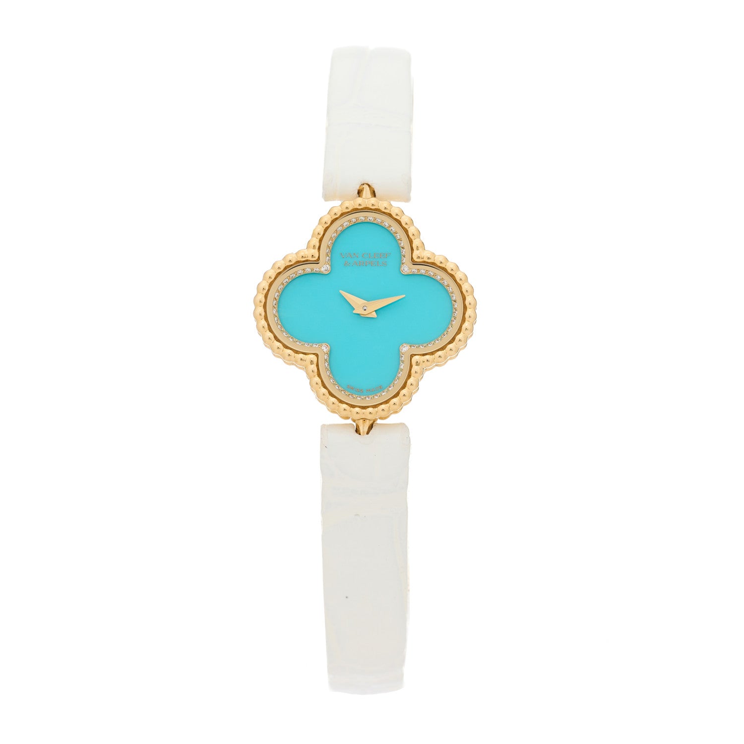 Van Cleef & Arpels 18K Yellow Gold Alligator Diamond Turquoise 22mm Sweet Alhambra Quartz Watch 1 of 8