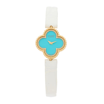 Van Cleef & Arpels 18K Yellow Gold Alligator Diamond Turquoise 22mm Sweet Alhambra Quartz Watch 1 of 8