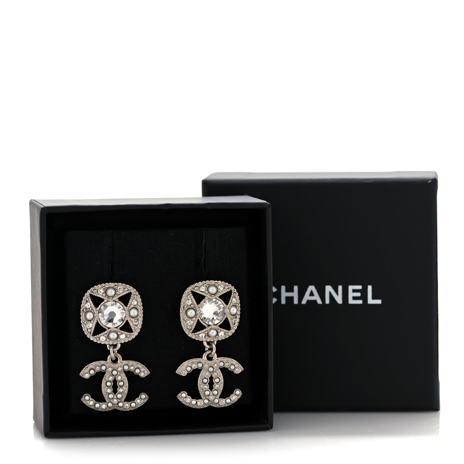 Chanel Crystal Pearl CC Drop Earrings Silver 5 of 5