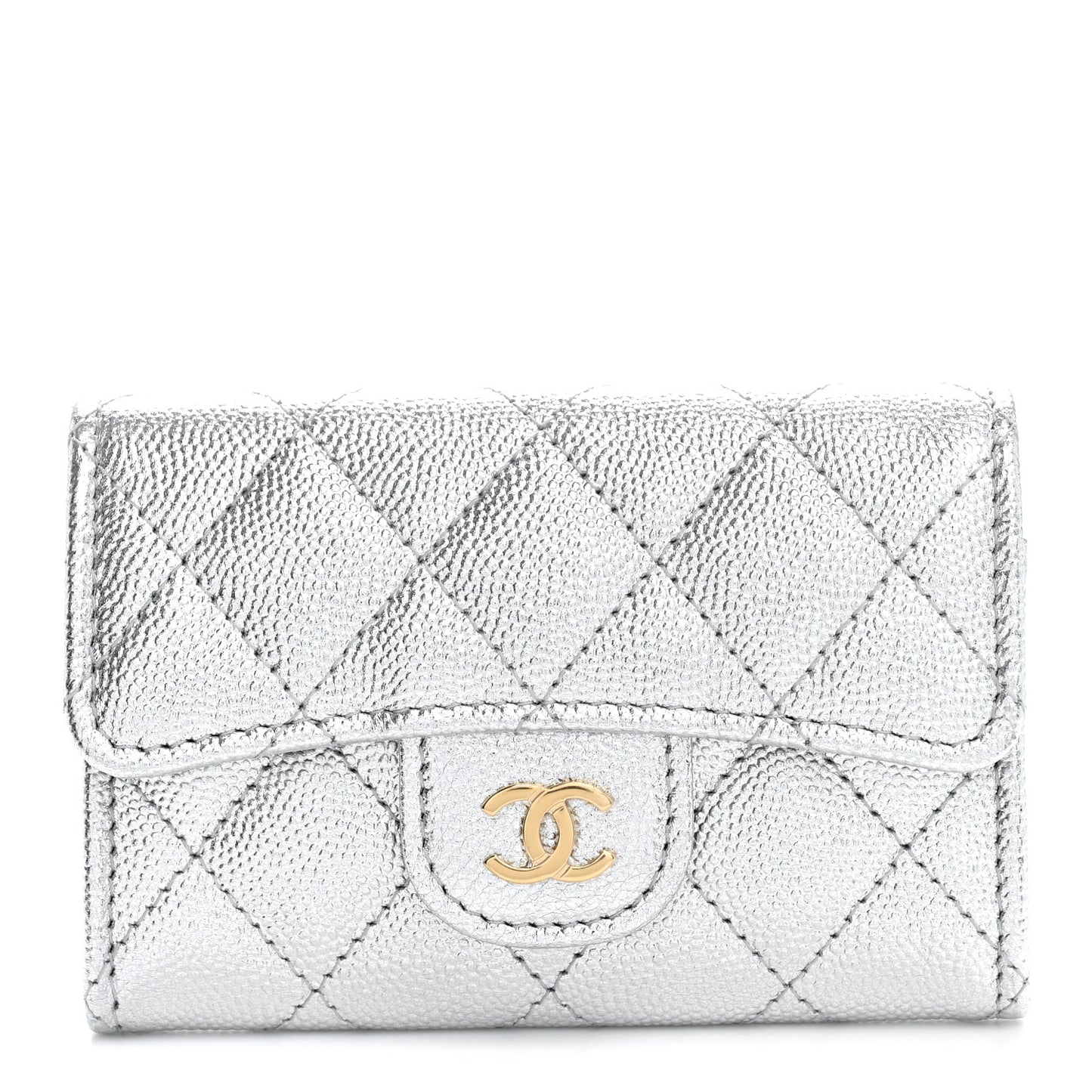 Metallic Caviar Quilted Flap Card Holder Wallet Silvery