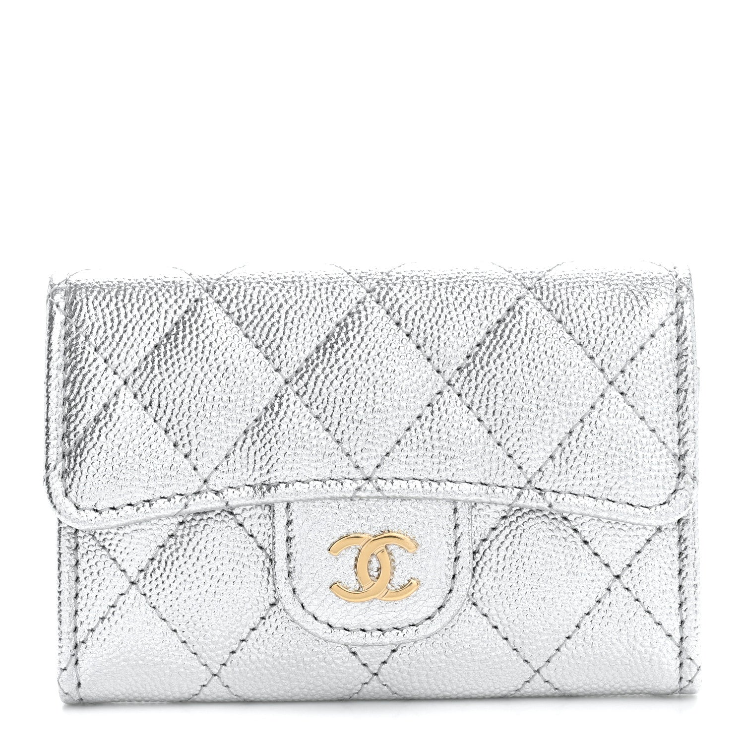 Chanel Metallic Caviar Quilted Flap Card Holder Wallet Silvery 1 of 9