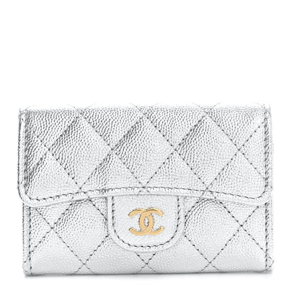 Chanel Metallic Caviar Quilted Flap Card Holder Wallet Silvery 1 of 9