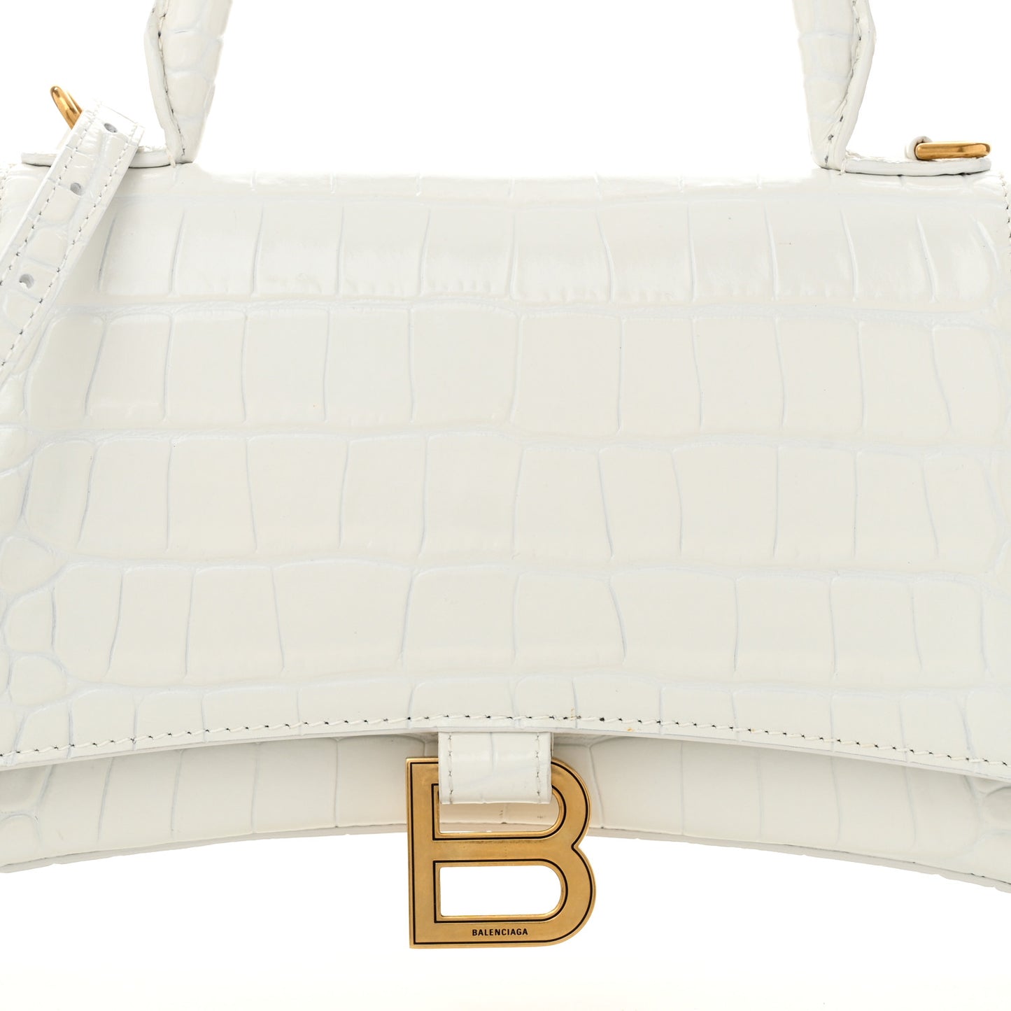 Shiny Calfskin Crocodile Embossed Tonal B Hourglass Stretch Top Handle Bag White