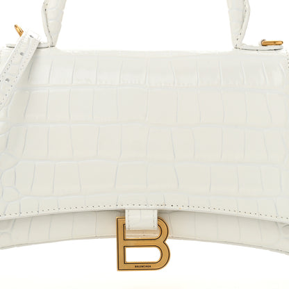 Balenciaga Shiny Calfskin Crocodile Embossed Tonal B Hourglass Stretch Top Handle Bag White 9 of 11