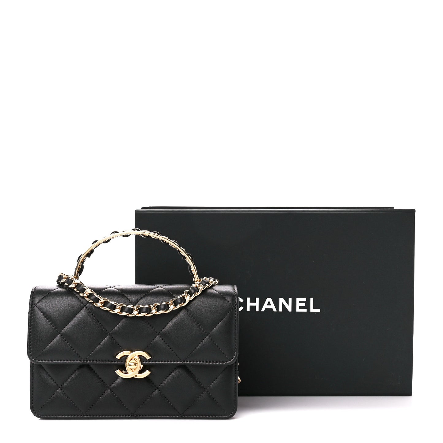 Shiny Calfskin Quilted Mini Metal Top Handle Flap Black