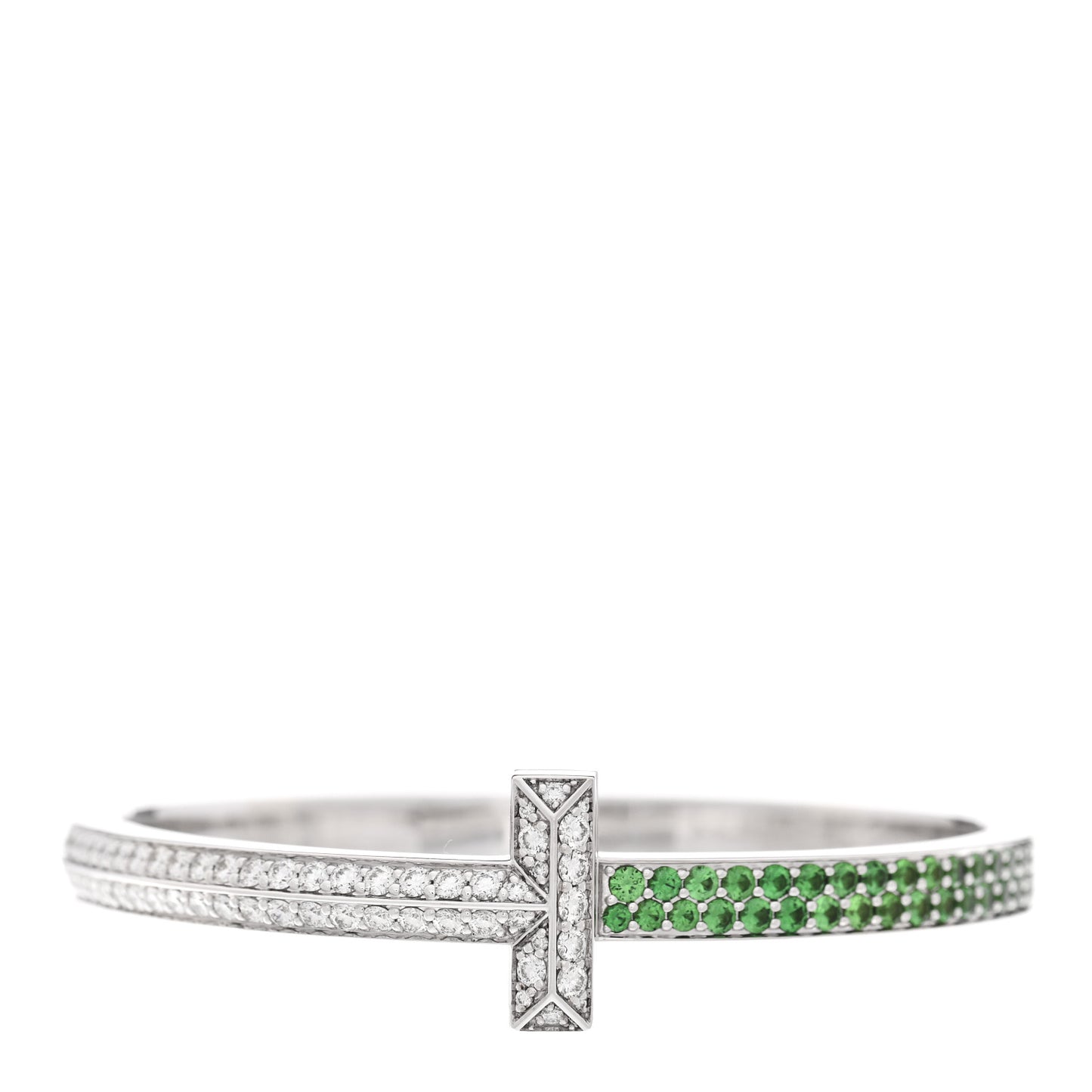 X ARSHAM 18K White Gold Diamond Tsavorite Wide T T1 Hinged Bangle Bracelet