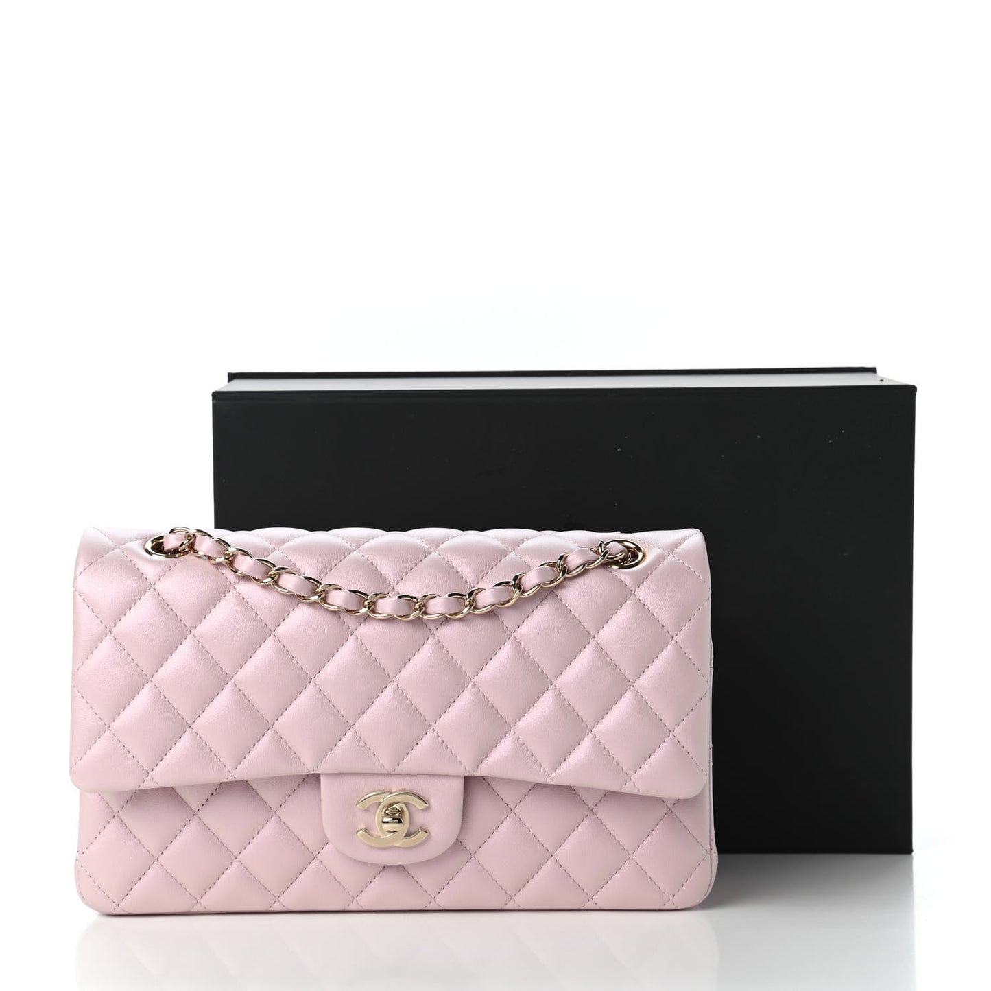 Iridescent Calfskin Quilted Medium Double Flap Light Pink
