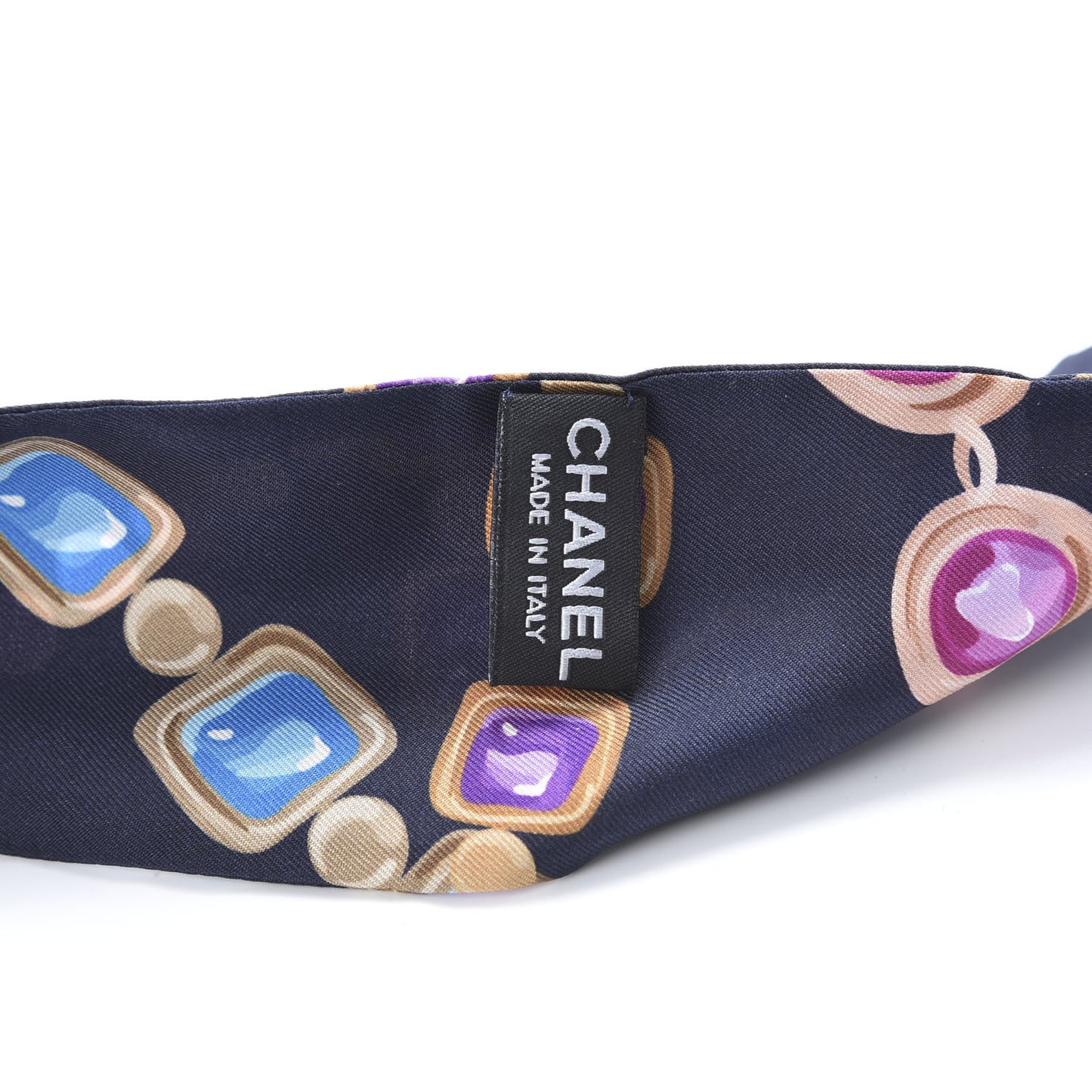 Silk Pearl CC Chain Slim Bandeau Scarf Navy Blue