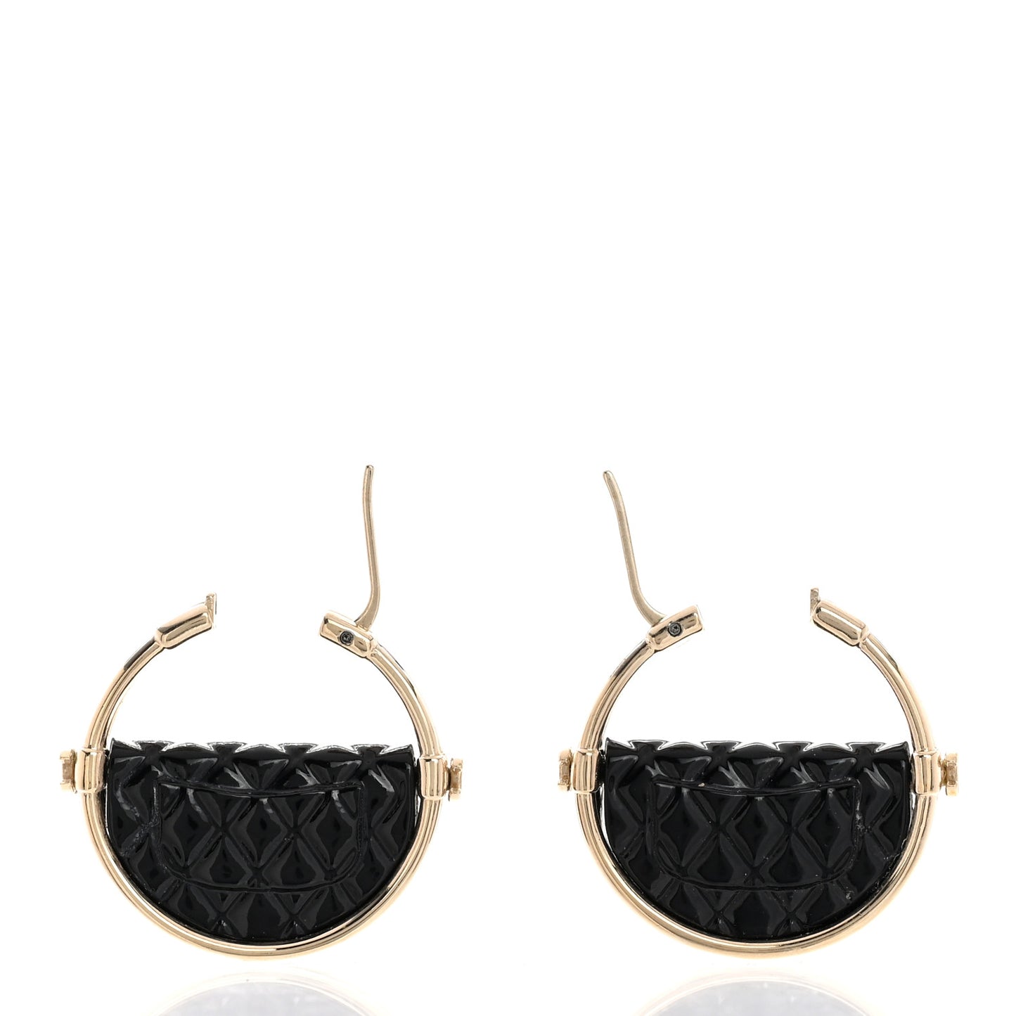 Metal Resin Quilted Flap Bag Hoop Earrings Black Gold