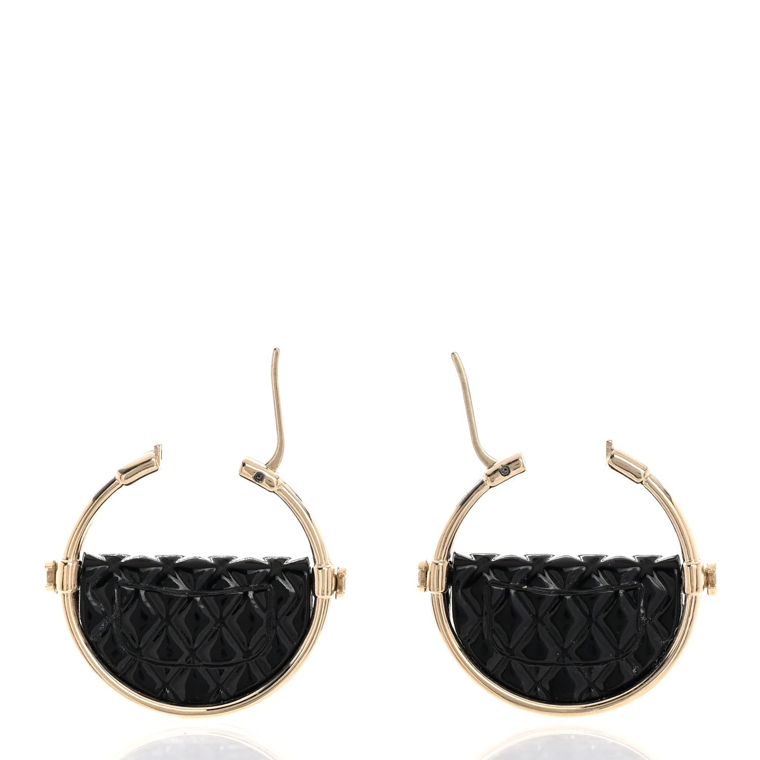 Chanel Metal Resin Quilted Flap Bag Hoop Earrings Black Gold 3 of 5