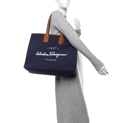 Salvatore Ferragamo Canvas 1927 Signature Tote Navy Brown 2 of 12