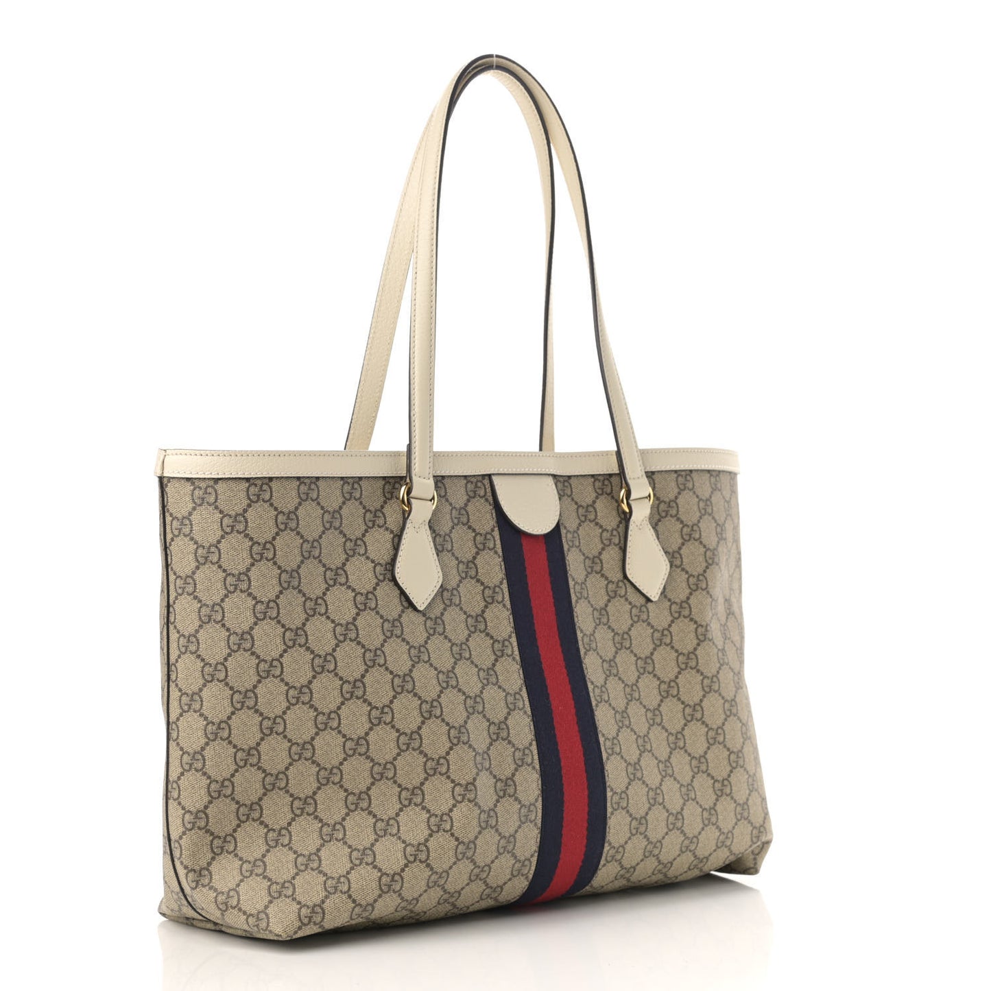 GG Supreme Monogram Textured Dollar Calfskin Web Medium Ophidia Shopping Tote Beige Ebony Mystic White