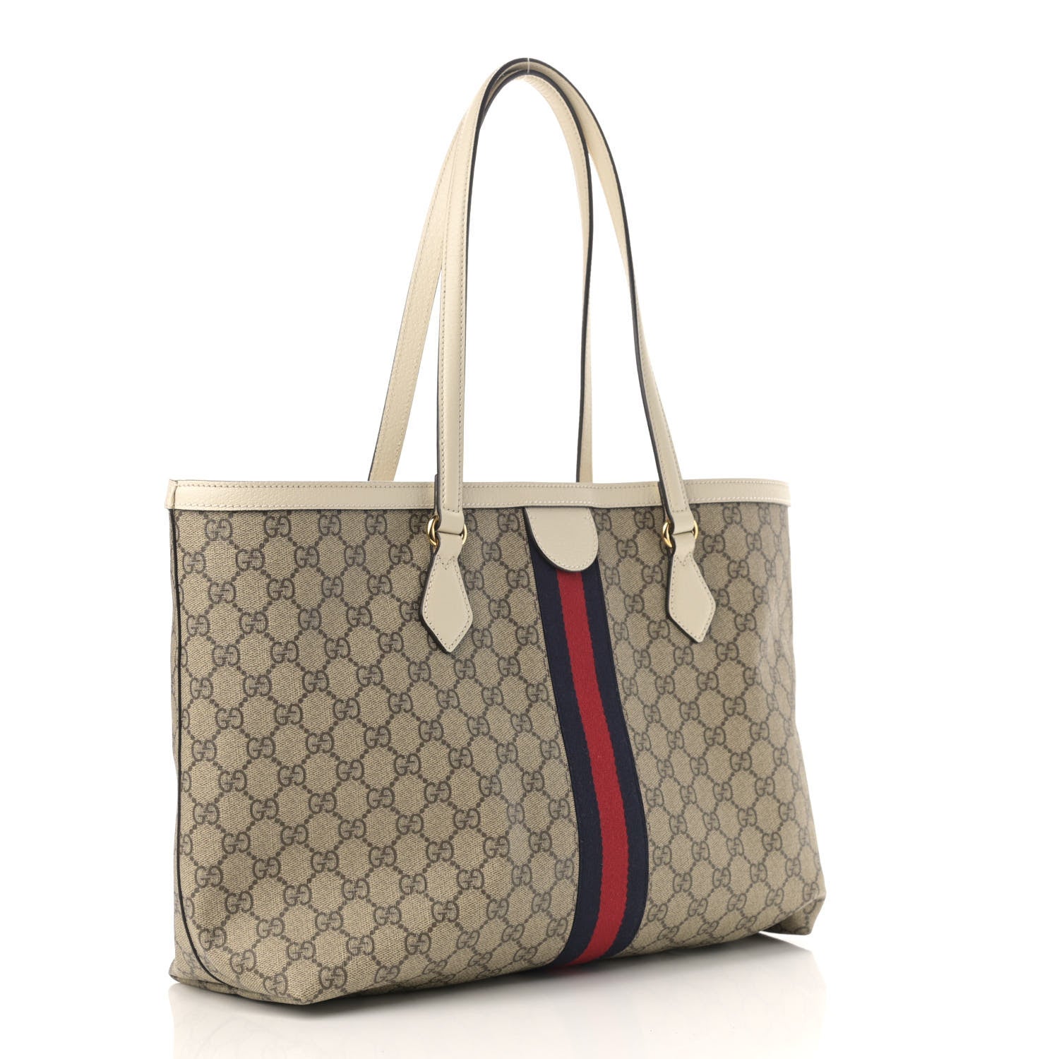 Gucci GG Supreme Monogram Textured Dollar Calfskin Web Medium Ophidia Shopping Tote Beige Ebony Mystic White 3 of 10