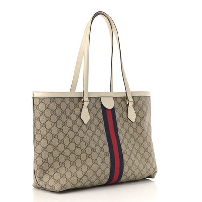 Gucci GG Supreme Monogram Textured Dollar Calfskin Web Medium Ophidia Shopping Tote Beige Ebony Mystic White 3 of 10