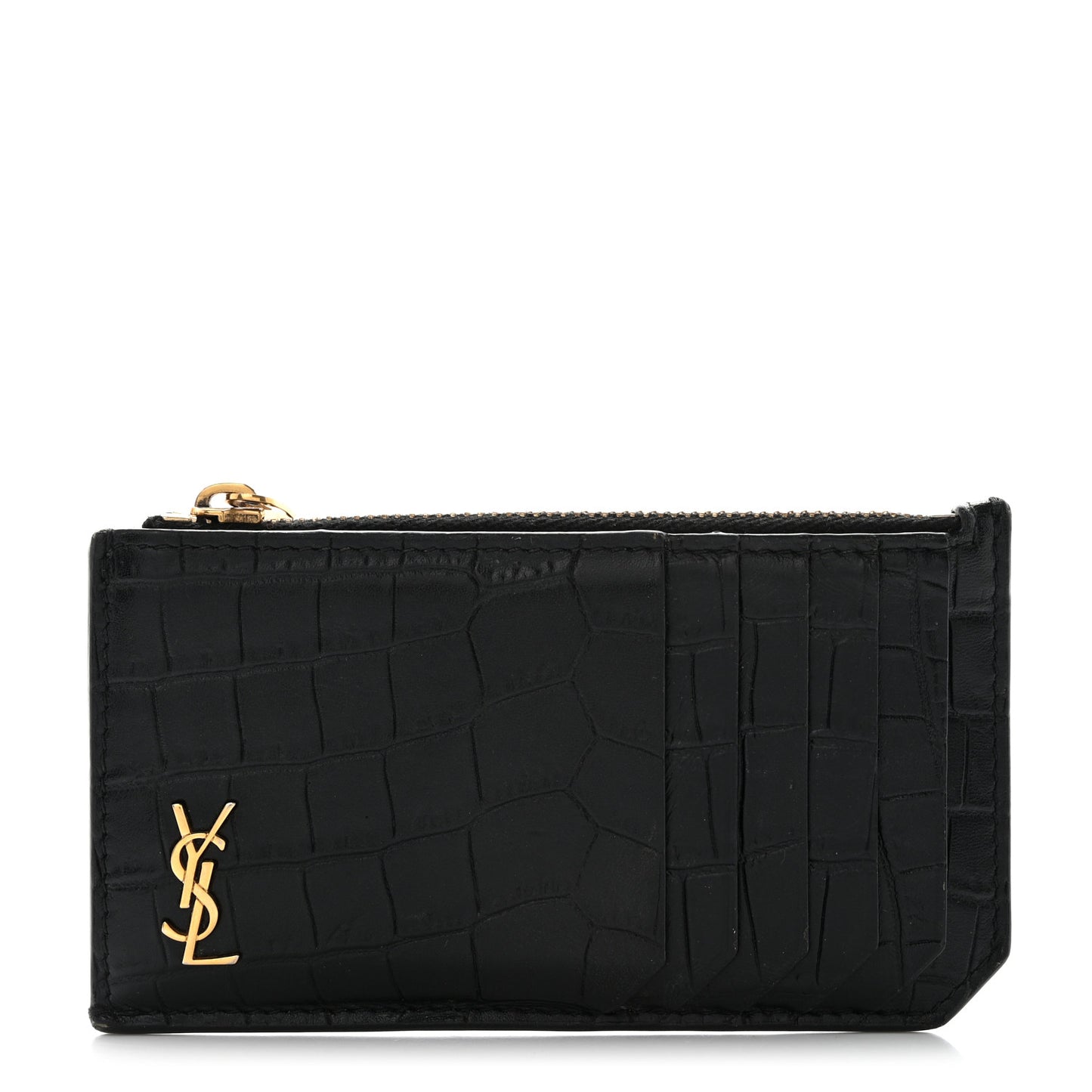 Calfskin Crocodile Embossed 5 Fragments Zip Pouch Card Holder Black
