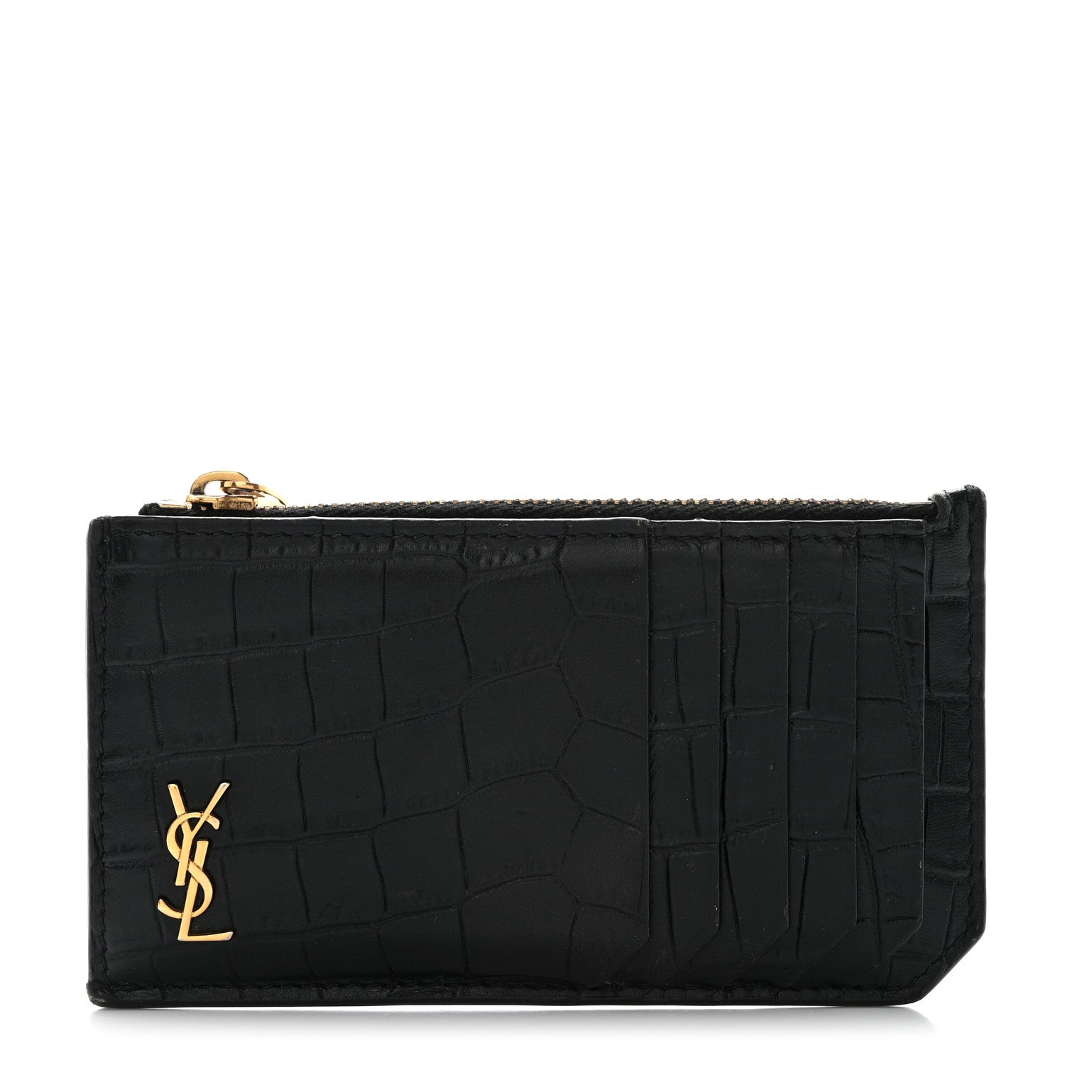 Saint Laurent Calfskin Crocodile Embossed 5 Fragments Zip Pouch Card Holder Black 1 of 8