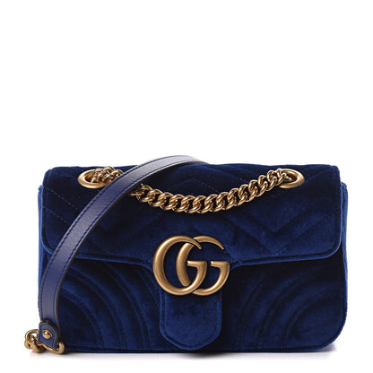 Gucci Velvet Matelasse Mini GG Marmont Shoulder Bag Cobalt Blue 1 of 12