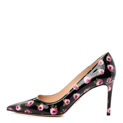 Prada Vernice Rose Print 85mm Pumps 39 Black 1 of 8