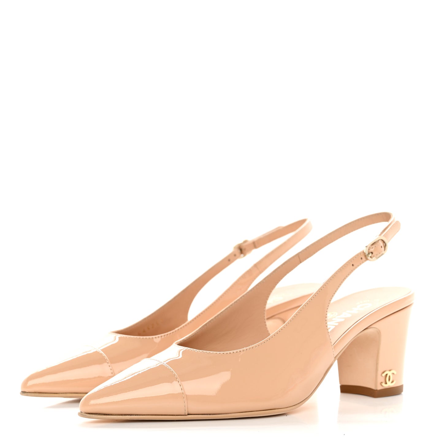 Patent Calfskin Cap Toe CC Slingback Pumps 36.5 Beige