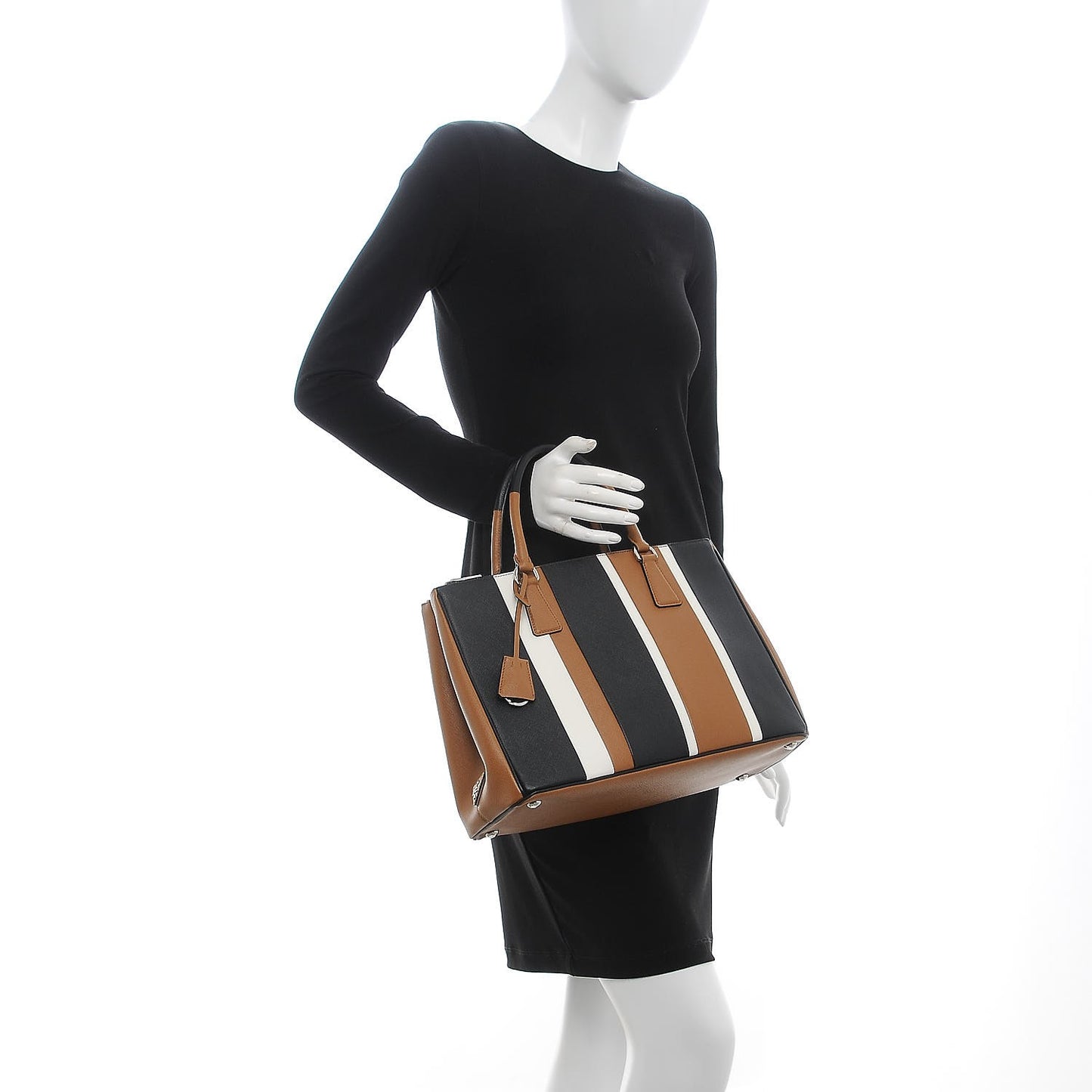 Saffiano Baiadera Striped Medium Galleria Double Zip Tote Caramel Black White