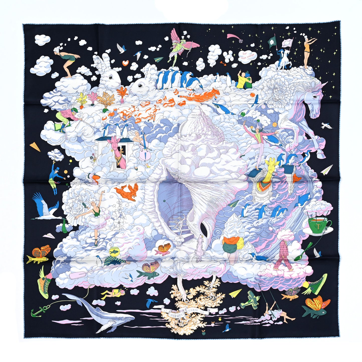 Silk Sur Mon Nuage Scarf 90 Bleu Black Mauve Multicolor