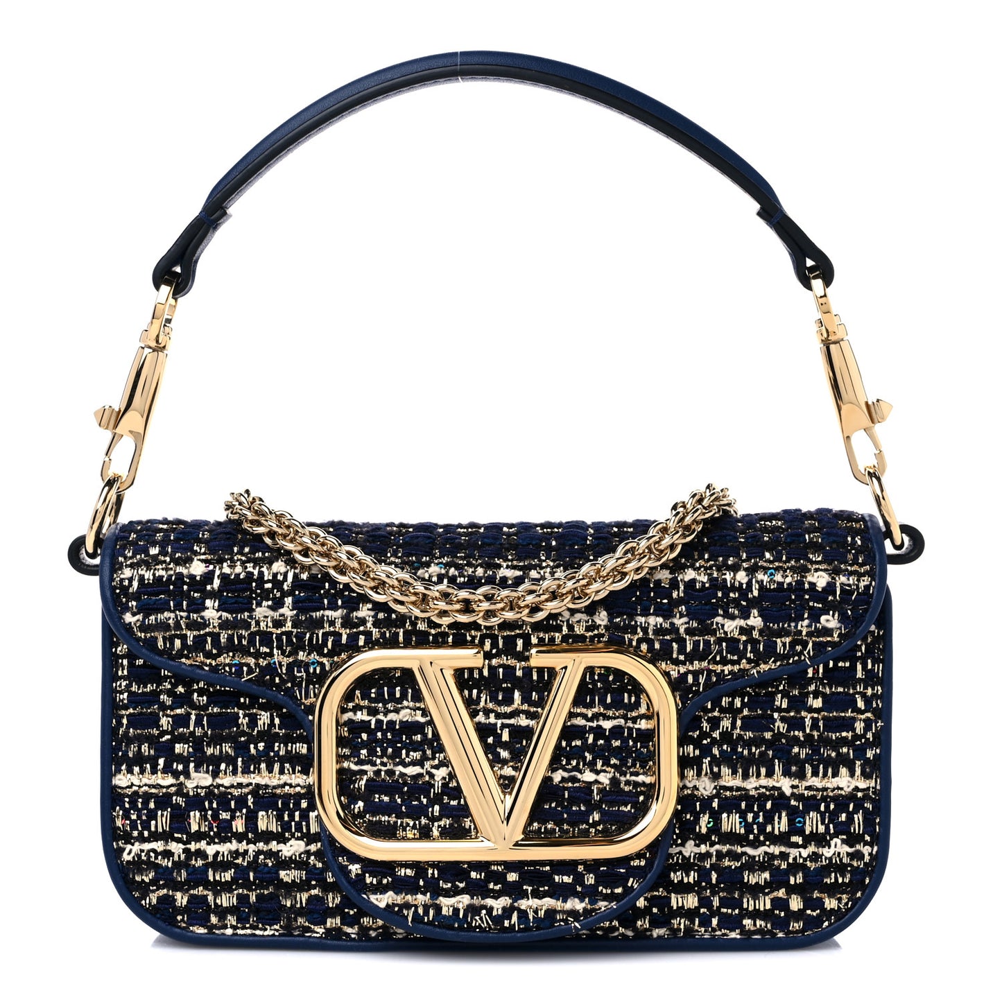 Tweed Calfskin Vlogo Small Loco Shoulder Bag Navy Ivory Gold