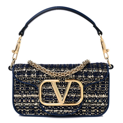 Valentino Garavani Tweed Calfskin Vlogo Small Loco Shoulder Bag Navy Ivory Gold 1 of 11