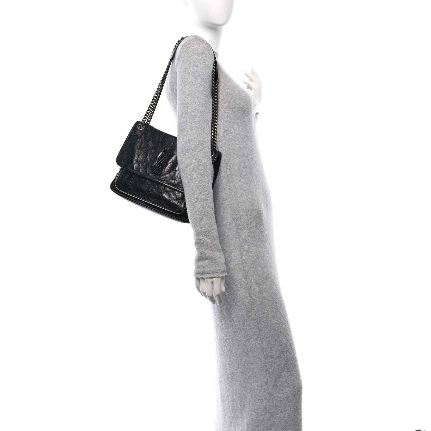 Crinkled Calfskin Matelasse Monogram Medium Niki Chain Satchel Black