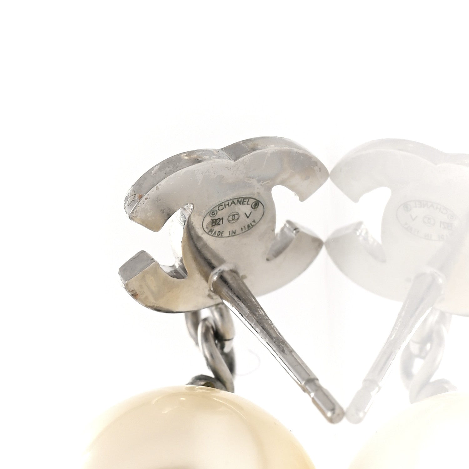 Chanel Crystal Pearl CC Drop Earrings Silver Pearly White 4 of 4