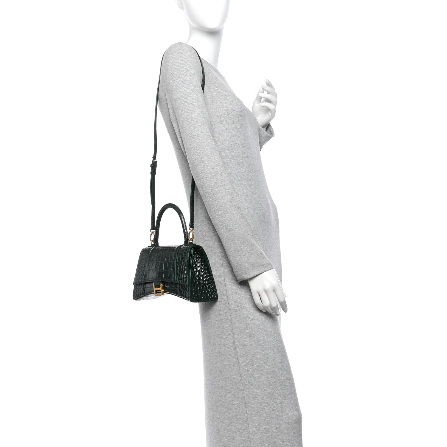 Balenciaga Shiny Calfskin Crocodile Embossed Small Hourglass Top Handle Bag Forest Green 2 of 13