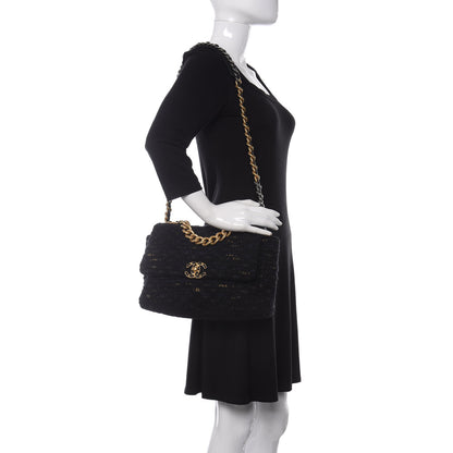 Chanel Tweed Quilted Large Chanel 19 Flap Black Navy Gold 2 of 10