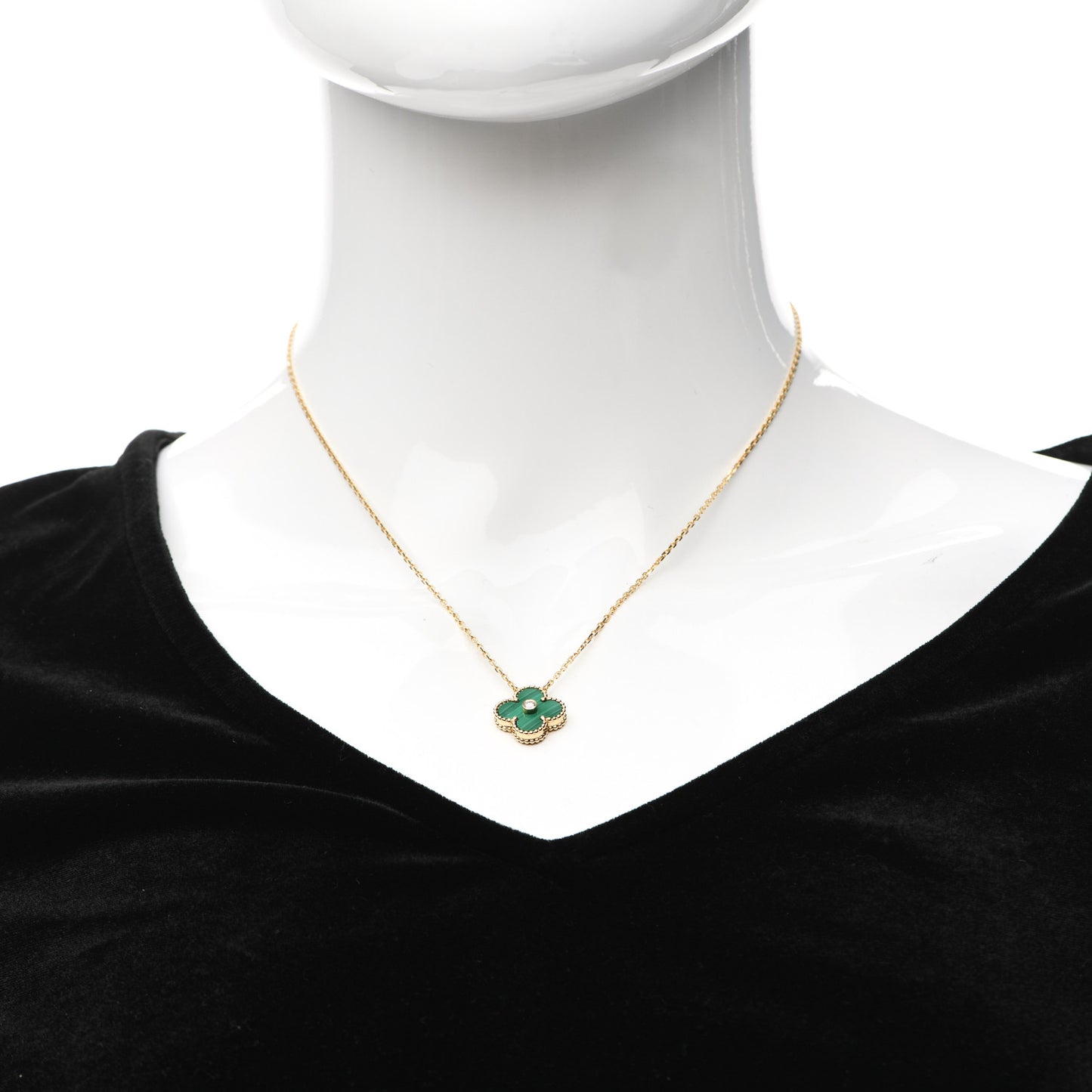 18K Yellow Gold Diamond Malachite Vintage Alhambra Pendant Necklace