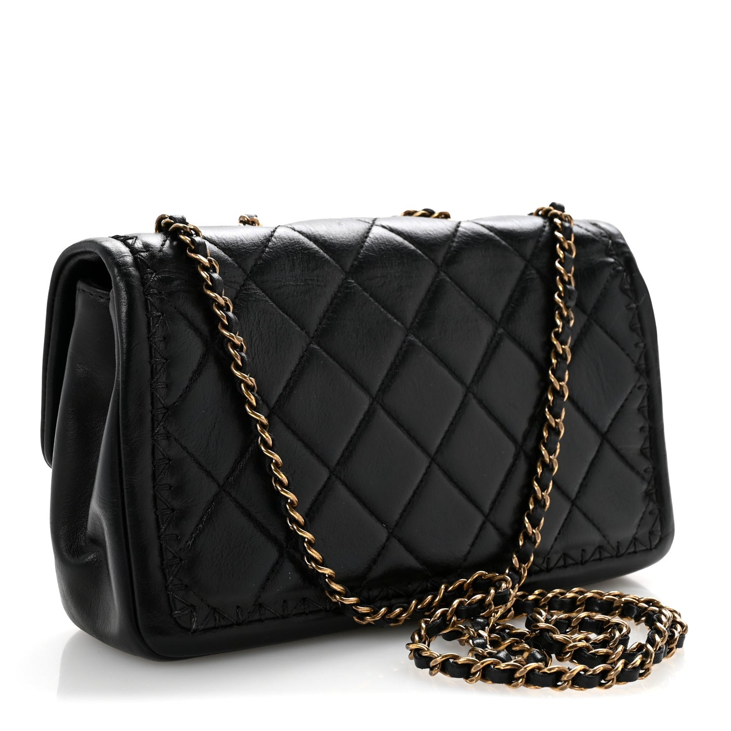 Crumpled Calfskin Whipstich Quilted Single Black