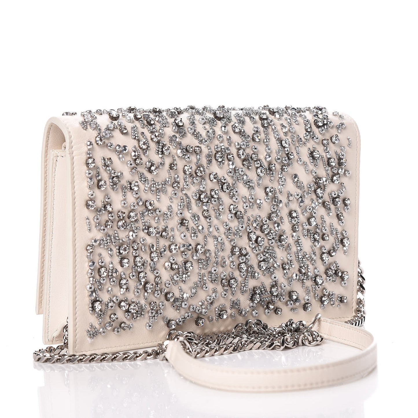Calfskin Bead Embellished Kate Monogram Tassel Chain Wallet White