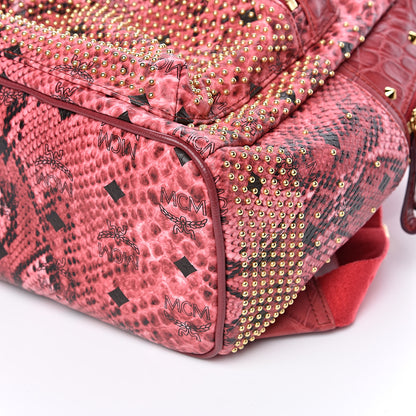 MCM Snakeskin Embossed Visetos Studded Small Stark Backpack Red Pink 8 of 9