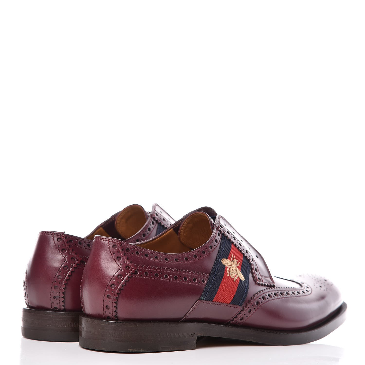 Gucci Calfskin Web Bee Embroidered Mens Slip-On Brogue Wingtip Derby Shoes 7.5 Bordeaux 4 of 9