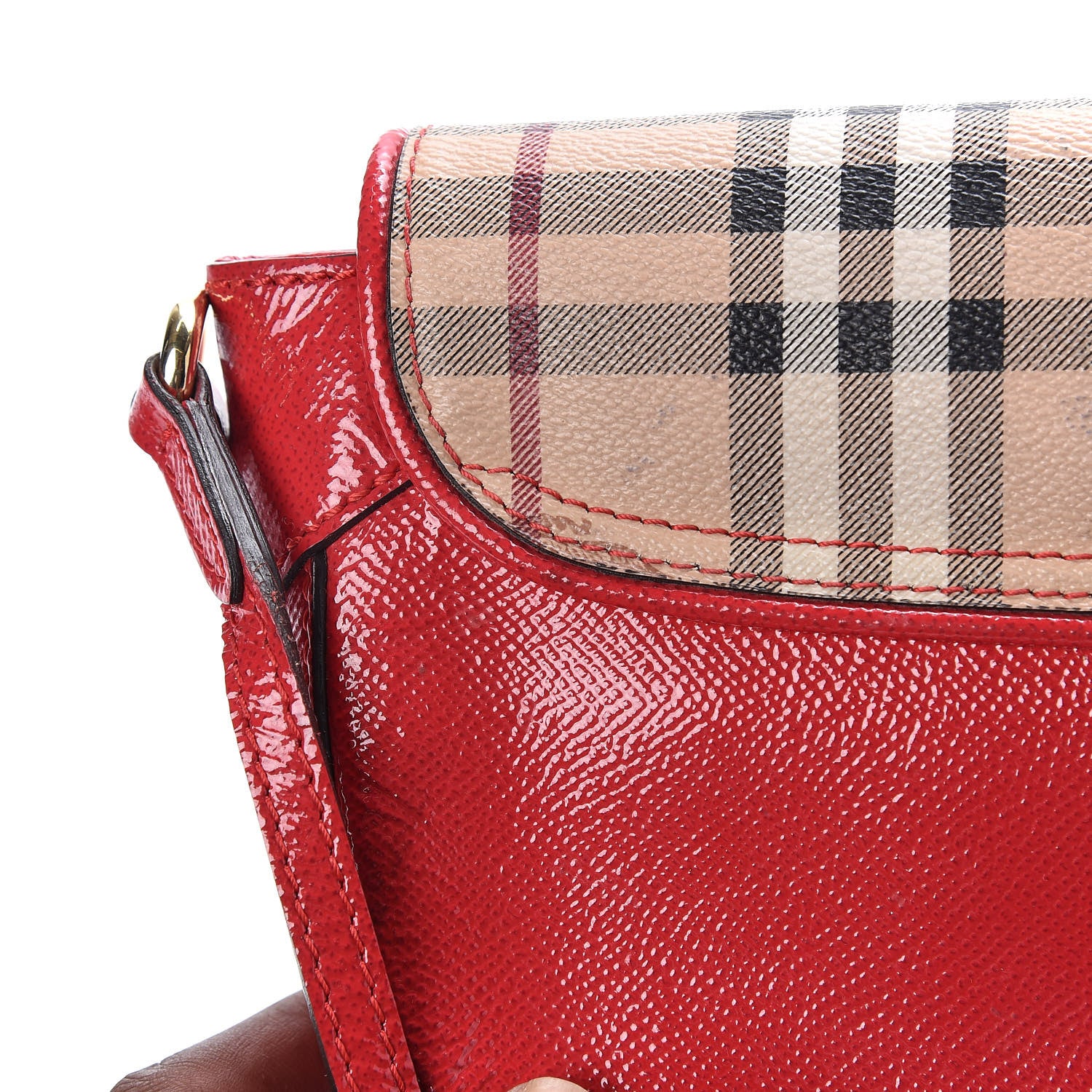 Burberry Patent Calfskin Haymarket Check Maydown Crossbody Bag Red 14 of 19