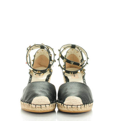 Valentino Garavani Grained Calfskin Rockstud Ankle Wrap Espadrille 15/85mm Wedges 40 Black Light Ivory 2 of 8