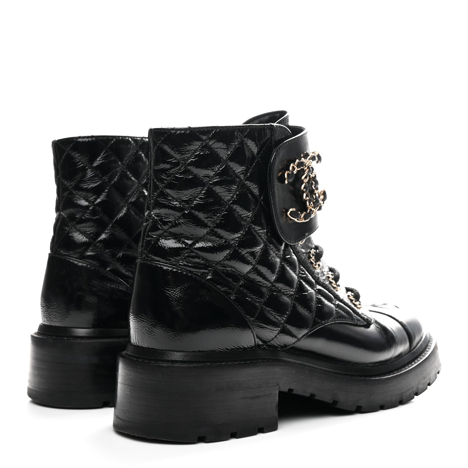 Chanel Shiny Goatskin Calfskin Quilted Lace Up Combat Boots 37 Black 5 of 11