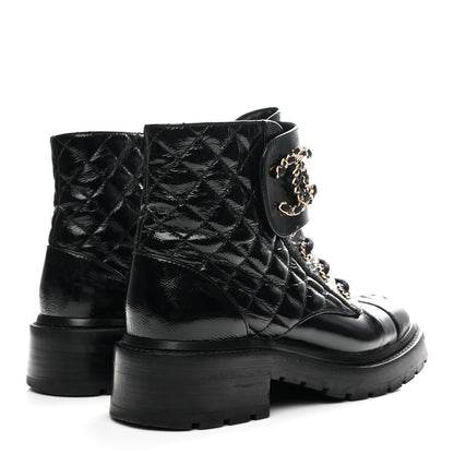 Chanel Shiny Goatskin Calfskin Quilted Lace Up Combat Boots 37 Black 5 of 11
