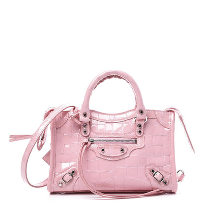 Balenciaga Patent Crocodile Embossed Classic Silver Hardware Nano City Light Pink 2 of 11
