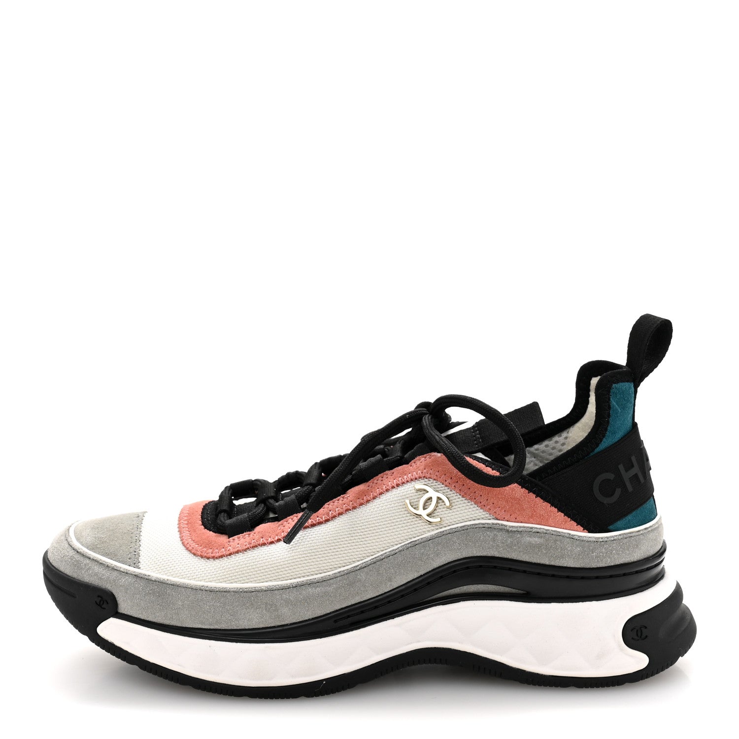 Chanel Fabric Suede CC Sneakers 37.5 White Light Grey Pink 1 of 9