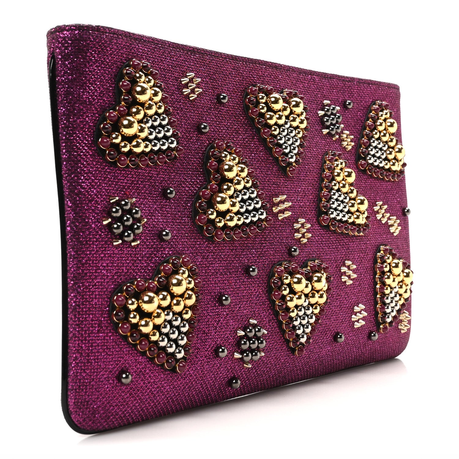 Christian Louboutin Metallic Raffia Studded Loubiposh Chain Clutch Magenta 3 of 9