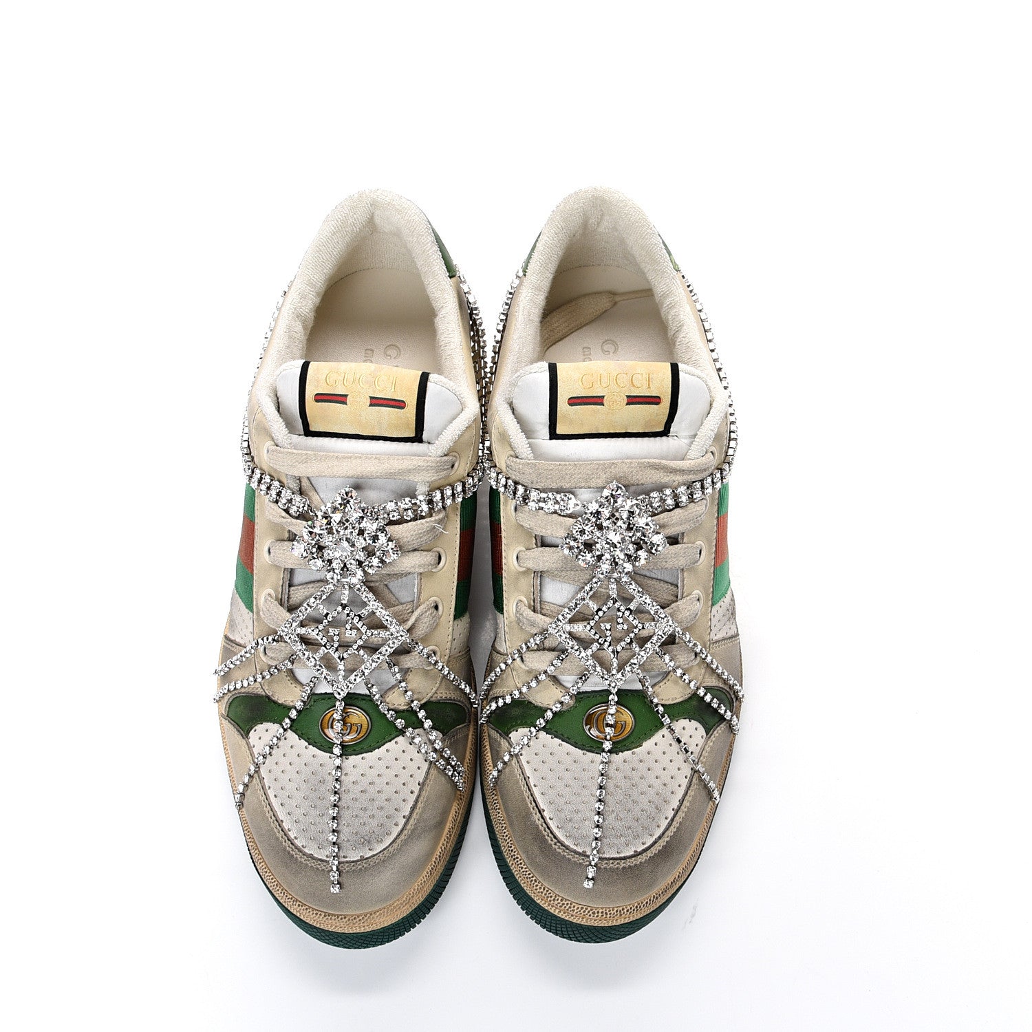 Gucci Nubuck Calfskin Web Removable Crystals Mens Screener Sneakers 9 Dusty Milk New Mystic White 6 of 10