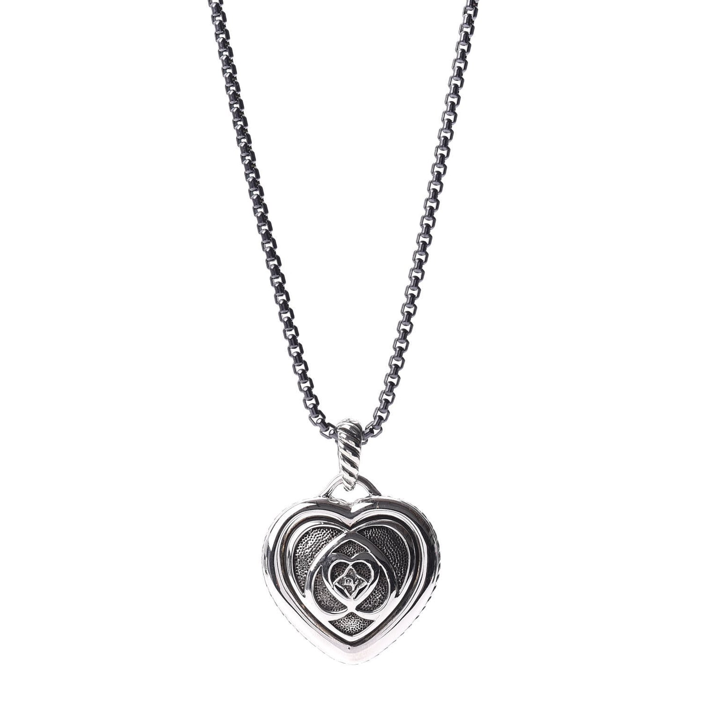 Darkened Sterling Silver Puffed Cable Heart Pendant Necklace