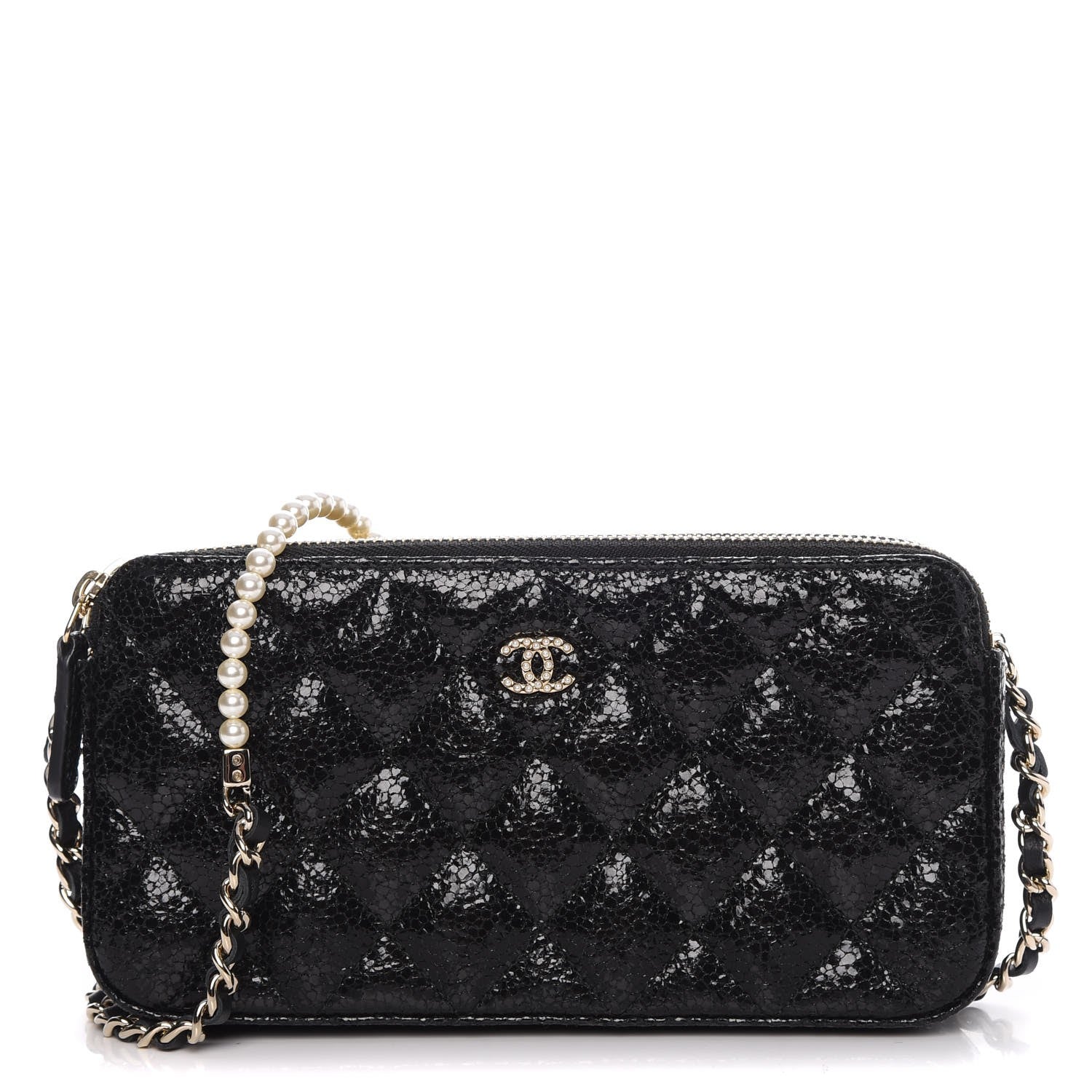 Chanel Crackled Patent Calfskin Quilted Small Clutch With Pearl Chain Black 1 of 11
