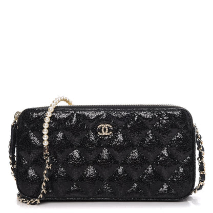 Chanel Crackled Patent Calfskin Quilted Small Clutch With Pearl Chain Black 1 of 11