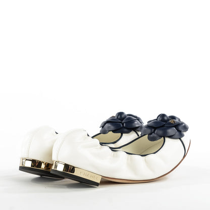 Chanel Lambskin Camellia Cap Toe Ballerina Flats 37.5 White Black 4 of 7