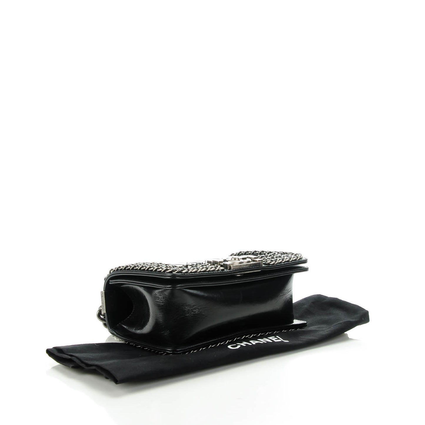 Glazed Calfskin Small Boy Chained Flap Black