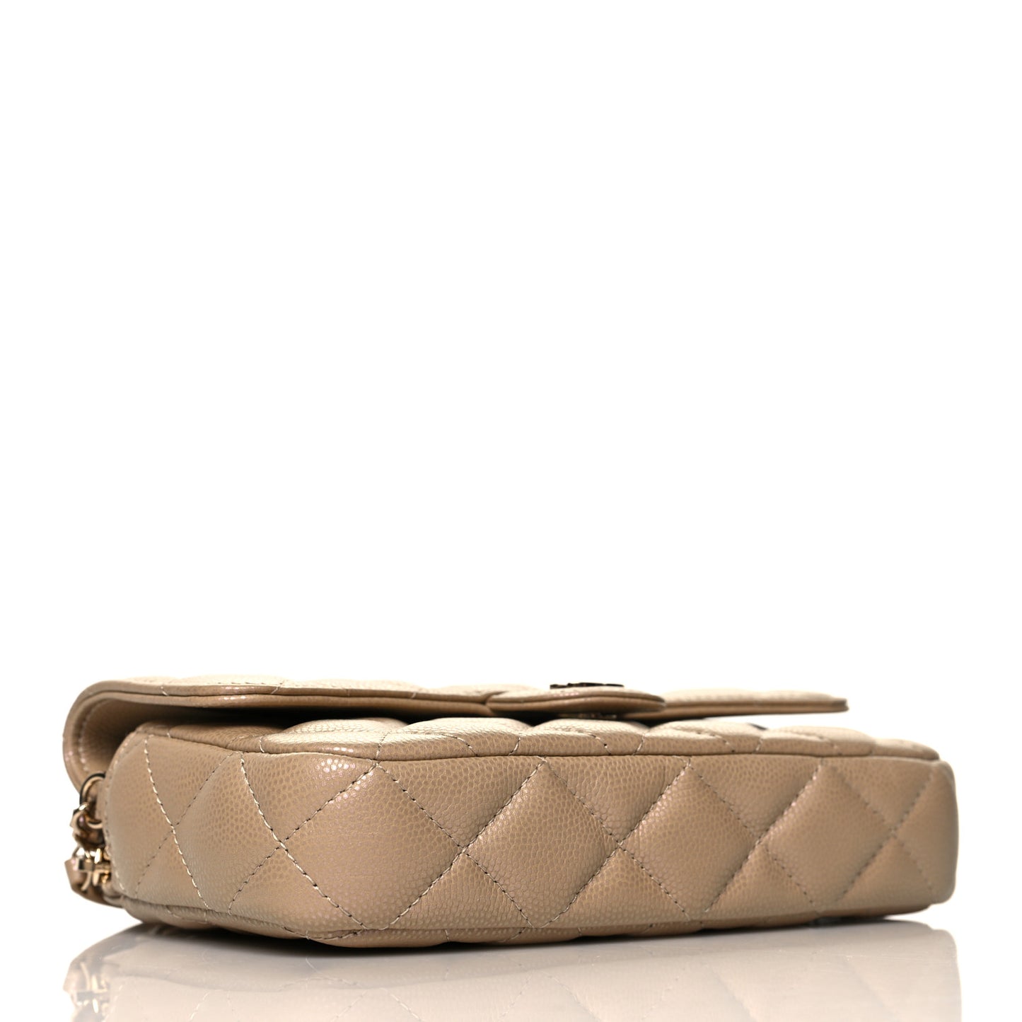 Iridescent Caviar Quilted Flap Phone Holder With Chain Beige